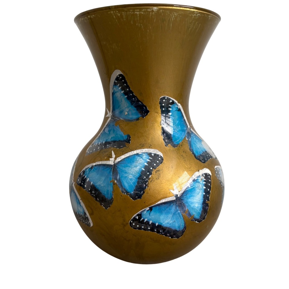 Vintage Hand Painted Gold Glass Vase Blue Butterfly Decoupage Floral Decor 9.5in
